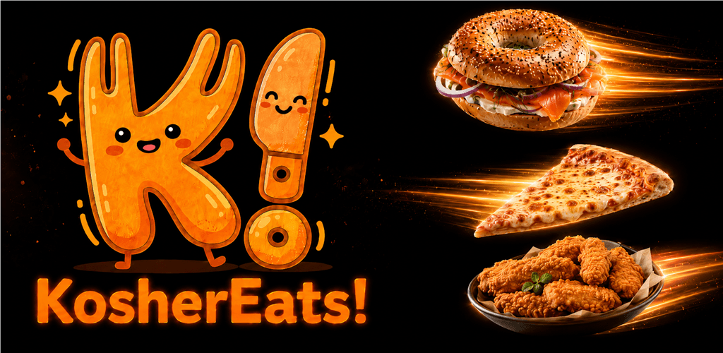KosherEats — burger, pizza, and chicken with the K! mascot
